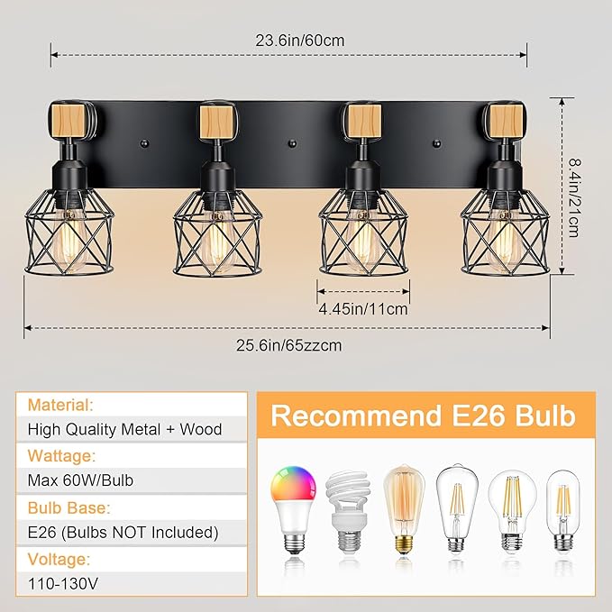 4-Light Farmhouse Vanity Light for Bathroom,Industrial Vanity Light Over Mirror,Bathroom Wall Lamp for Kitchen Living Room (4-Light)