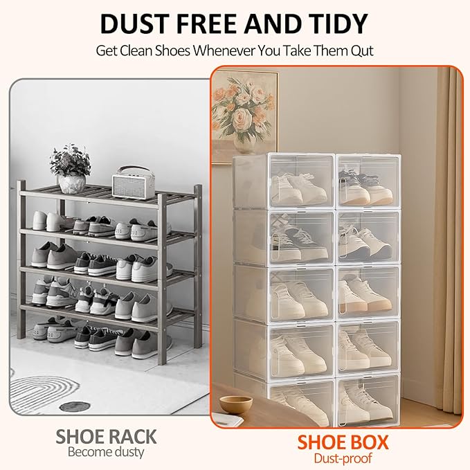 12 Pack XX-Large Acrylic Shoe Organizer Storage Boxes for Closet, Thicken & Sturdy Clear with Magnetic Door, Stackable Sneaker Container Display Case, White, Fits Us Size 15