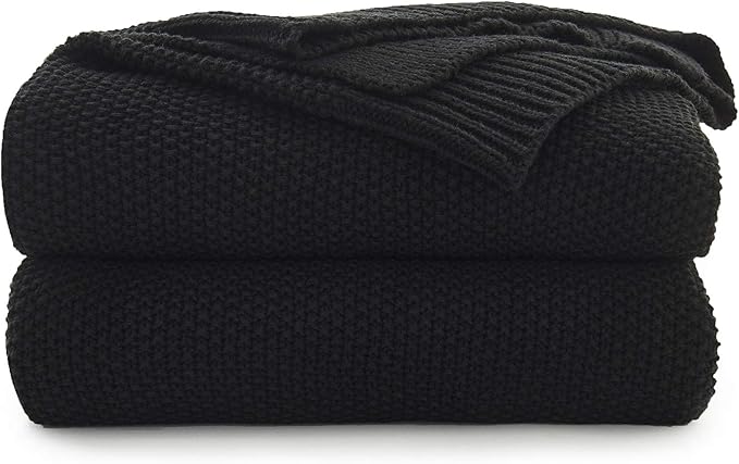 Longhui bedding Black Cotton Cable Knit Throw Blanket for Couch Sofa Chair Bed Home Decorative, 2.5 Pounds 50 x 60 Inch Lightweight Woven Throw Blankets with Bonus Laundering Bag, Machine Wash