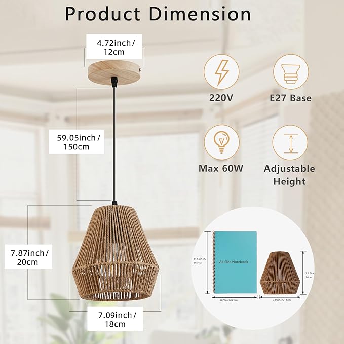 2 Packs Rattan Pendant Lights 7” Boho Woven Kitchen Chandeliers Modern Bohomian Mini Ceiling Hanging Light Fixtures for Farmhouse, Bedroom, Dining Room, Island, Bar, Foyer Hallway