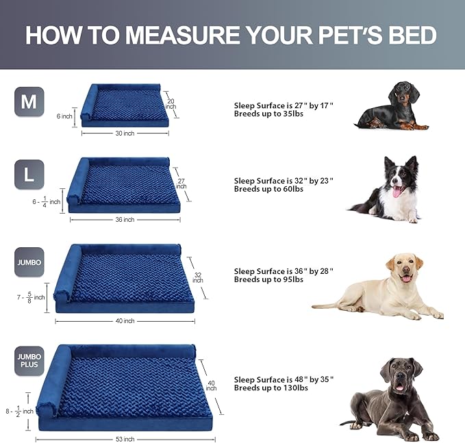 MIHIKK Orthopedic Dog Couch Bed Deluxe Plush L-Shaped with Waterproof Lining Bolster Dog Sleeping Sofa with Removable Washable Cover & Nonskid Bottom Pet Bed for Small Medium Large Jumbo Dogs, Blue