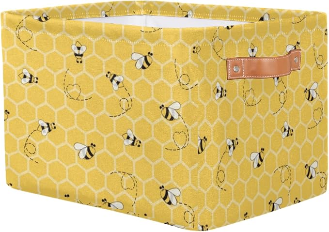 2Pack Yellow with Bees Large Collapsible Storage Bins,Honey Honeycombs Decorative Canvas Fabric Storage Boxes Organizer with Handles,Rectangular Shelves Baskets Box for Home Office Nursery Closet