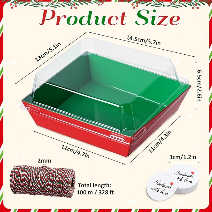 Outus 100 Pack Charcuterie Boxes with Clear Lids, 5.7 x 5.1 '', Mother 's Day Back to School Paper Food Containers Cake Take out Bakery Boxes with Gift Tags Rope for Desserts(Green,Red,Christmas)