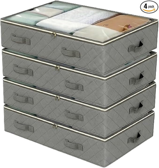 4 Pack Under Bed Storage, Closet Organizers and Storage Containers with Clear Window Foldable Underbed Storage Bags for Clothes,Shoes, Blankets Pillows, Linen Sheets, Grey 60L