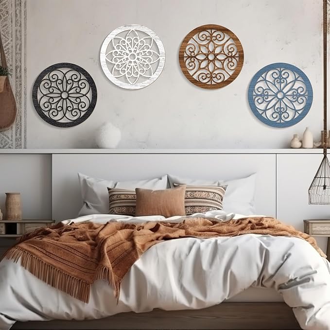 Zzbakress 4 Pieces Farmhouse Wall Decor Rustic Circle Wall Decor Wooden Hollow Carved Round Wall Art for Living Room Bedroom Kitchen Bathroom Home Wall Decoration (Elegant, Colorful)