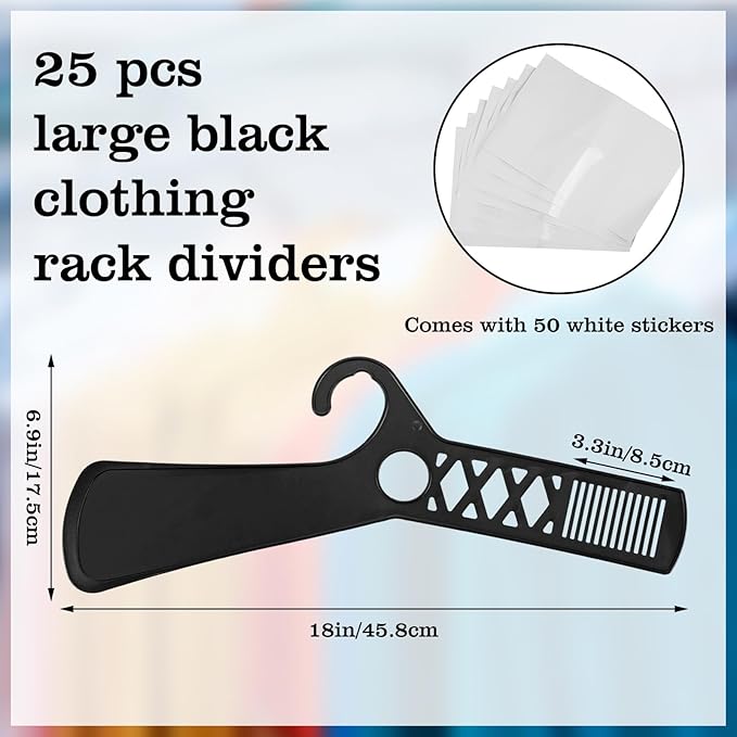 25 Pcs Large Garment Rack Divider and 50 Pcs White Blank Cards, 18 Inch Black Closet Dividers for Hanging Clothes, Plastic Clothing Rack Tag Dividers for Clothes Organization