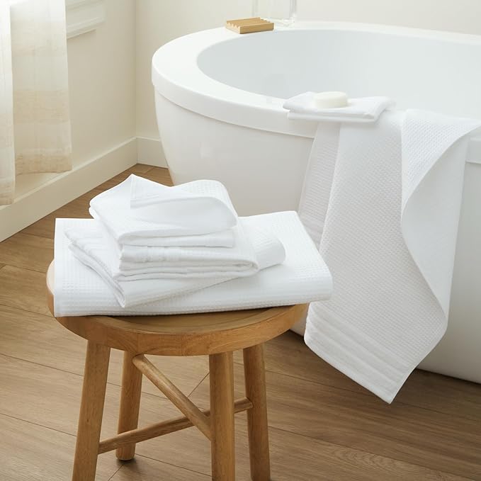 Town & Country Basics 6-Piece Assorted Waffle Woven Terry Stripe Set, 2 Bath Towel, 2 Hand Towel, 2 Washcloth, 100% Cotton, Quick Dry, White