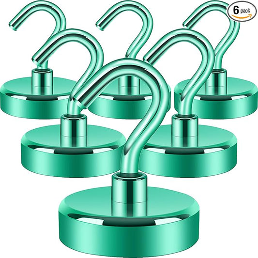 Neosmuk Magnetic Hooks,85lb Heavy Duty Earth Magnets with Hook for Refrigerator, Extra Strong Cruise Hook for Hanging, Magnetic Hanger for Curtain, Grill(Green, 6 Pack)