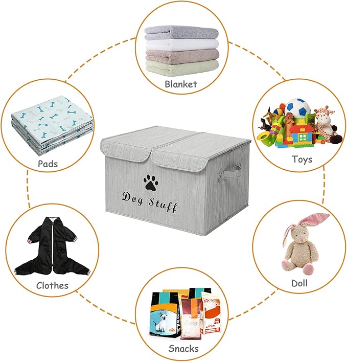 Geyecete Large Storage Boxes - Large Linen Fabric Foldable Storage Cubes Bin Box Containers with Lid and Handles for Dog Apparel & Accessories, Dog Toys(BambooGray)