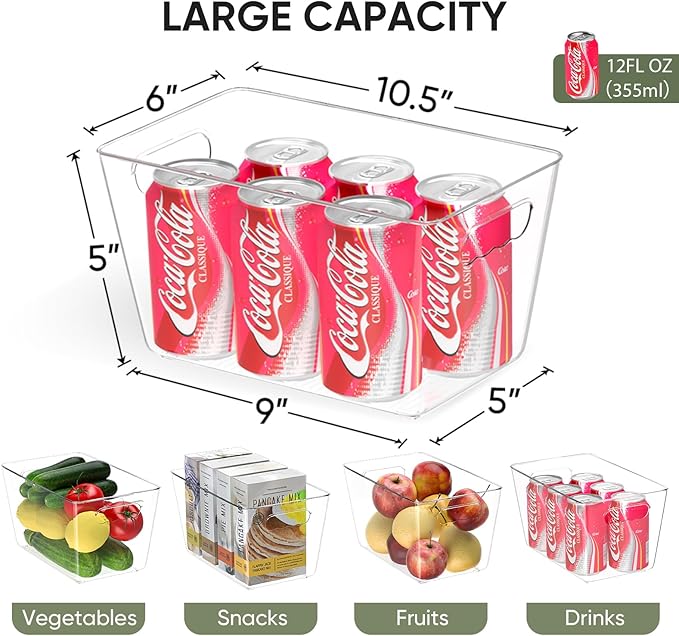 BALEINE Clear Plastic Storage Bins, Pantry Organization, BPA Free Stackable Refrigerator Organizers and Storage with Handles for Kitchen Fridge Cabinet Bathroom (6PK, 10.5x6x5)