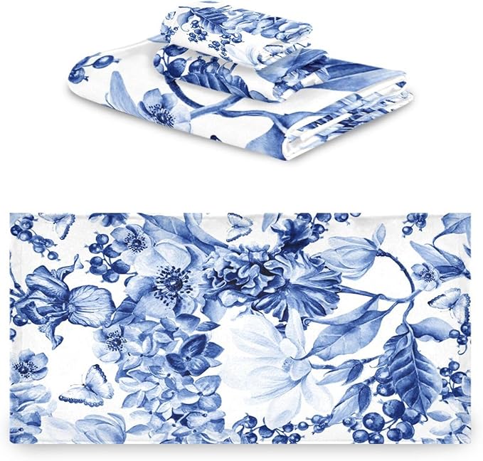 3 Piece Navy Blue Floral Bath Towels Set,Microfiber Absorbent Blue Magnolia Flower Berries Butterfly Towels for Bathroom,1 Bath Towel,1 Hand Towel,1 Washcloth,Decorative Bathroom Towels