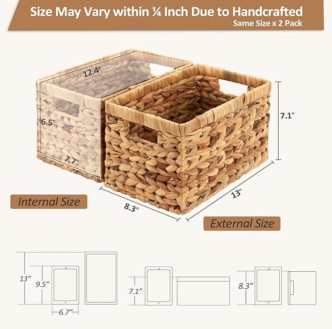 Wicker Storage Basket 2 Pack, Water Hyacinth Storage Baskets with Built-in Handles, Large Wicker Baskets for Storage & Organizing, Natural