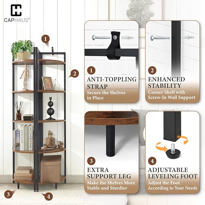 CAPHAUS 5-Tier Corner Shelf: 59.1-Inch Tall, Metal Frame, Round Corner Display Rack for Bathroom, Living Room, Home, Office