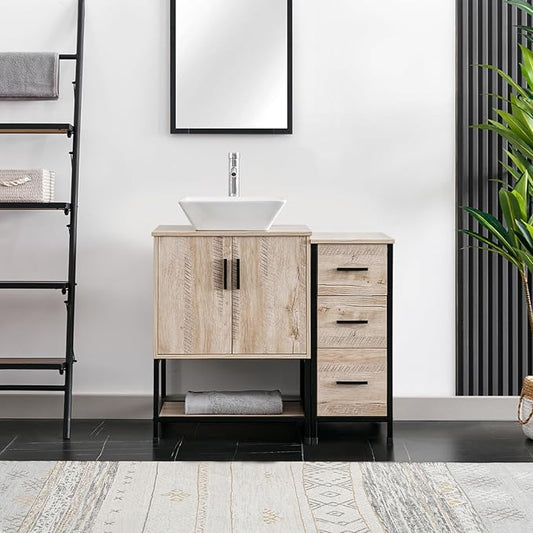 eclife 36" Bathroom Vanity Sink Combo Modern Metal Stand Cabinet W/Bottom Shelf & Storage Side Cabinet White Square Vessel Sink & Water Save Faucet & Pop Up Drain, Oak (A07)