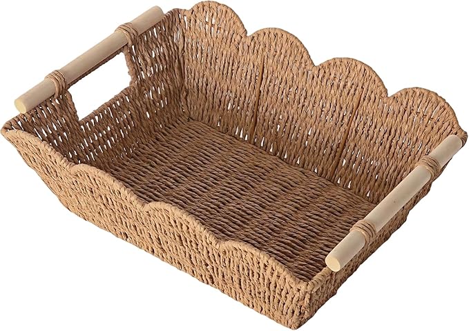 Scalloped Basket with Wooden Handle, Water Hyacinth/Seagrass/Wicker Storage Baskets, Hand Woven Baskets for Shelves,Natural Baskets for Organizing