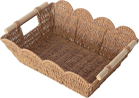 Scalloped Basket with Wooden Handle, Water Hyacinth/Seagrass/Wicker Storage Baskets, Hand Woven Baskets for Shelves,Natural Baskets for Organizing