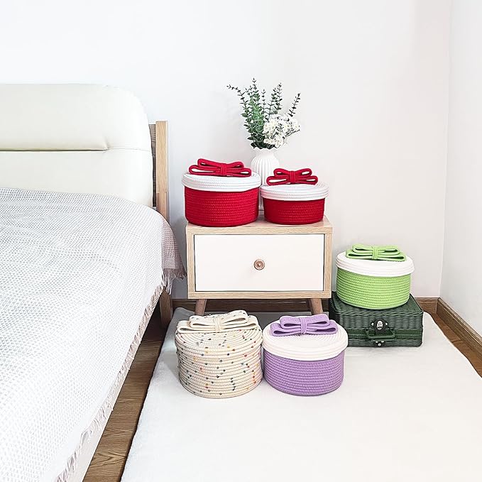 Cute Small Toy Box & Storage Baskets with Lids, Round Woven Rope Basket with Bunny & Bow Handle, Decorative Home Decor for Easter Gifts, Kids & Pets (Lavender)