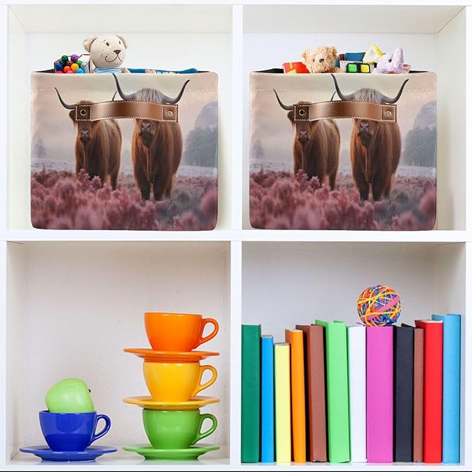 Storage Basket Two Highland Cows Storage Bin Cube with Handles Foldable Storage Baskets for Shelves Living Room Home Decor 1PC