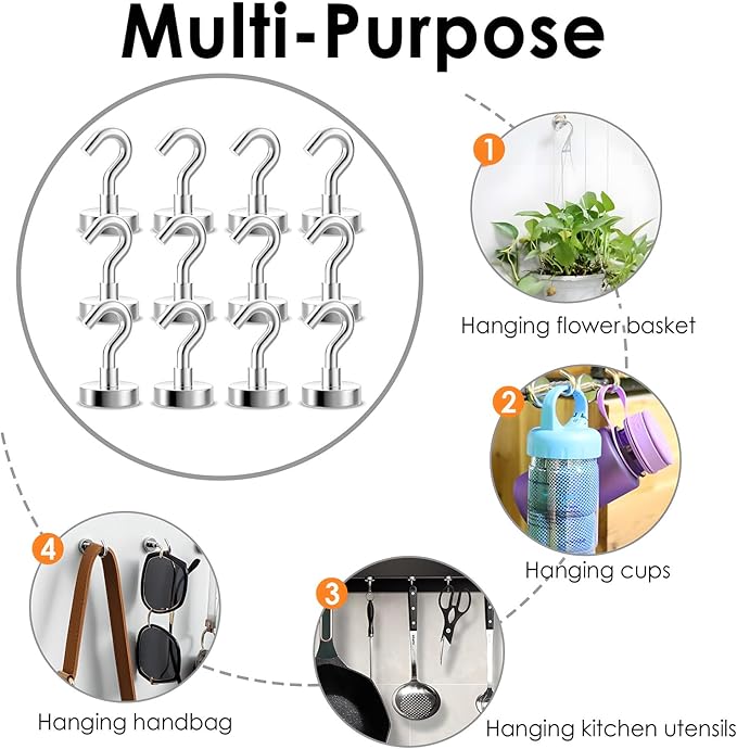 Magnetic Hooks Heavy Duty, 80 lbs Strong Hooks for Hanging, Magnet with Hook for Cruise, Grill, Fridge, Pack of 12, Silver