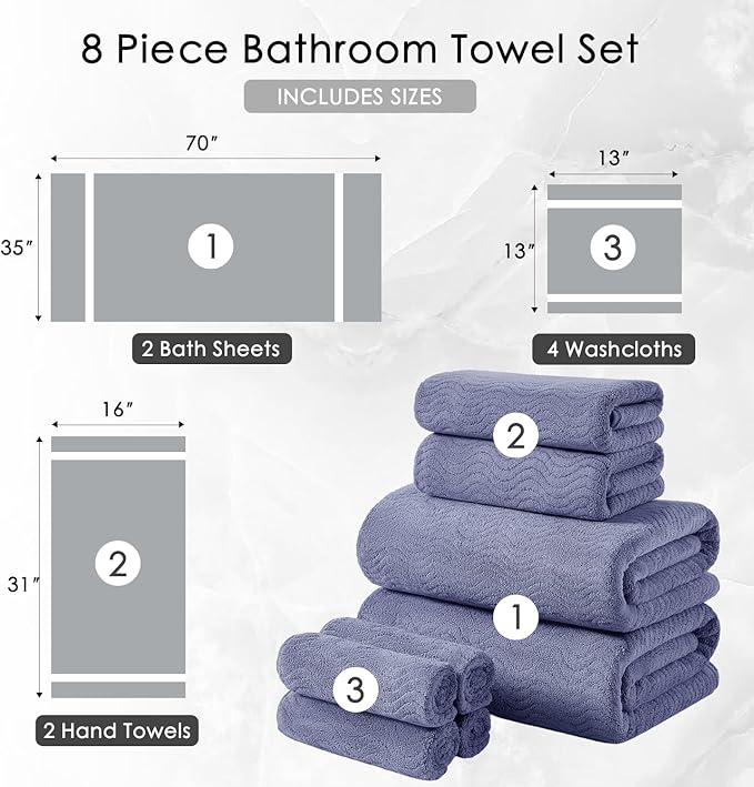 8 Piece Bath Towel Set — 2 Oversized Large Bath Sheet,2 Hand Towels,4 Washcloths — Ultra Soft Bath Towel Set for Bathroom Hotel Gym Spa,Highly Absorbent Quick Dry Bathroom Towel Collections,Wedgewood