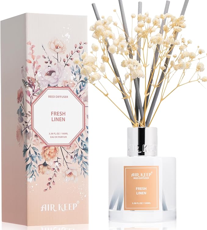 Airkeep Reed Diffuser Set,3.38 fl oz (100 ml) - Fresh Linen Oil Diffusers with 8 Reed Sticks, Home Fragrance Reed Diffuser for Bathroom Shelf Decor