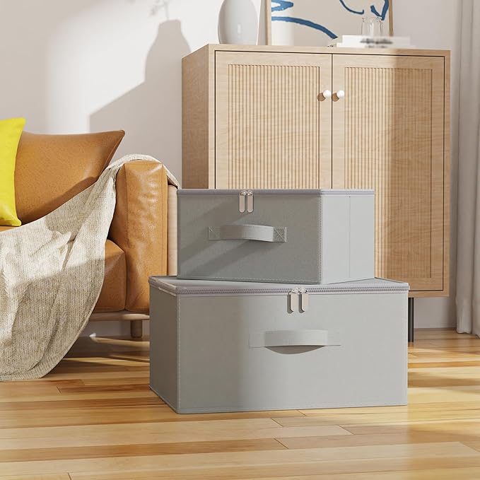 Storage Bins with Lid, Cube Organizer Basket, Closet Boxes with Carrying Handles and Sturdy PP Support Plate, 2 Pack, Grey, 11.8 x 7.9 x 6.3 In, XSNY16GS-2