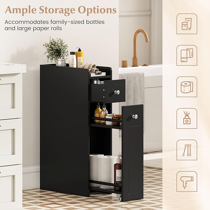 Giantex Slim Bathroom Storage Cabinet, Space-saving Toilet Side Cabinet with Slide-out Drawers on 3 Wheels, Freestanding Narrow Toilet Paper Holder for Living Room, Laundry Room, Compact Space (Black)