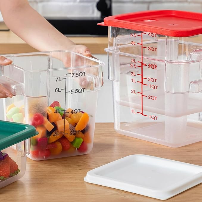Lallisa 4 Pcs 8qt & 4qt Clear Food Storage Containers with Lids Handles and Scales, Stackable Plastic Square Food Storage Containers for Dough Proofing Baking Kitchen Restaurant(White, Red)
