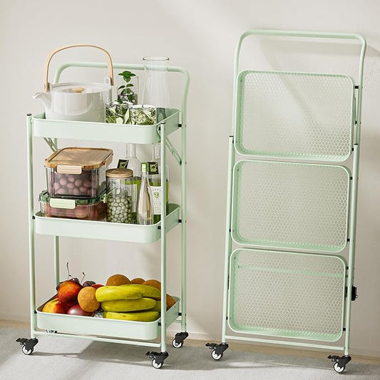 JAQ Foldable Rolling Cart, 3-Tier Metal Folding Storage Utility Carts Basket Rack Organizer with Handle on Wheels for Snacks Books Fruits for Kitchen Living Room Pantry Bathroom - (Green, 3-Layer)