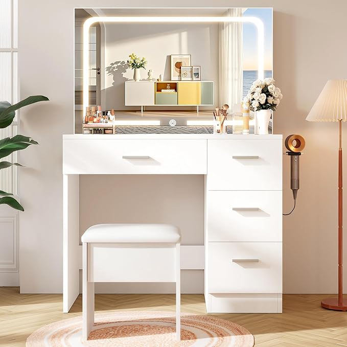 Makeup Vanity Desk Set, White, 35.4“W x 15.7" D x 53.9" H (Large Smart LED Mirror, with Cushion Stool, Hairdryer Rack, Power-Outlet, 4 Drawers)