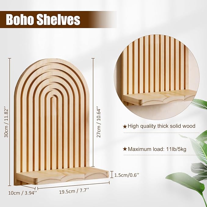 2 Pack Boho Wood Wall Hanging Shelf - Handmade Rainbow Arch Floating Shelves Trinket Storage Rack Modern Wall Decor for Bedroom Living Room Nursery Bathroom