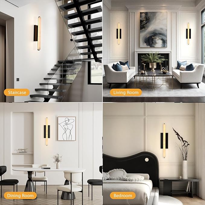 Alabaster Wall Sconces, 25" Black Alabaster Sconce, Spanish Natural Marble Bathroom Vanity Sconces, Rectangle Modern Sconces Lighting for Bedroom Living Room Staircases Hallway