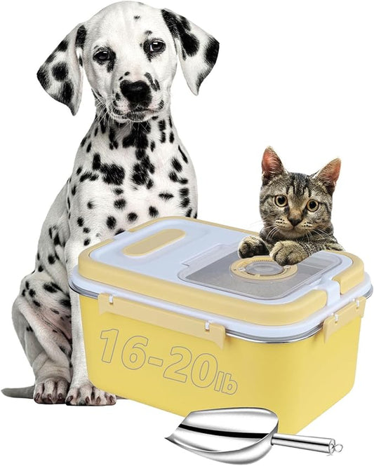 Sanbo Cat Food Storage Container Stainless Steel with Scoop, Airtight Pet Metal Food Storage Bin,Cat Food Canister,Storage Box with Date Tracker for Kitchen (Yellow, 10L)