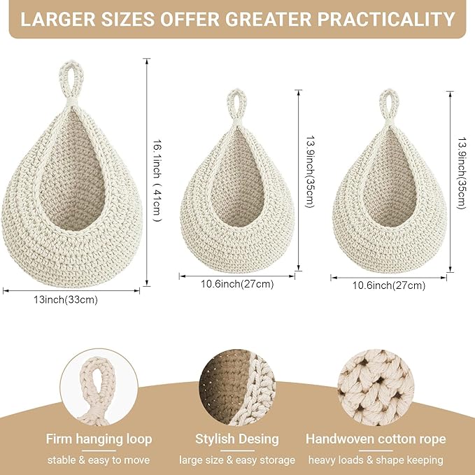 Hanging Fruit Baskets for Kitchen, 3 Pack Boho Cotton Rope Handwoven Vegetable Storage Wall Mounted Large Organizing Basket for Farmhouse Decor, Onion, Potato, Garlic and Plants (White)