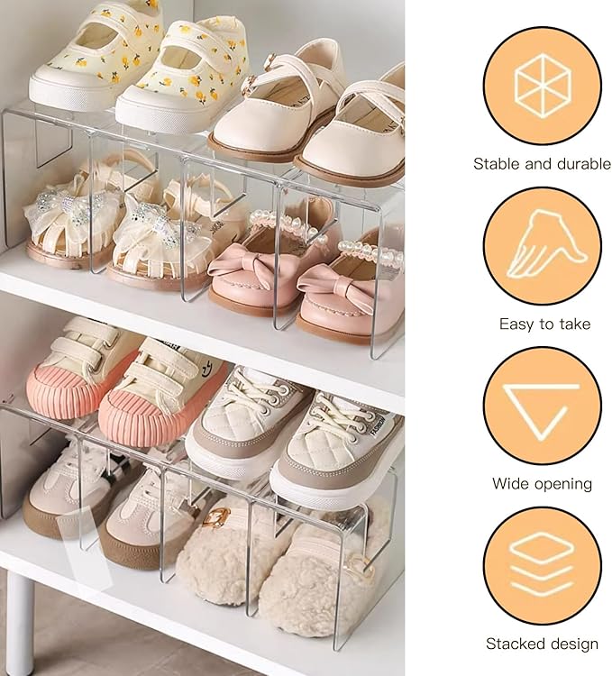Transparent Acrylic Kids Shoe Rack, Small Shoe Rack,Baby Shoe Organizer, Kids Shoe Organizer with 4 Sections Stackable Shelves for Closet Storage, Space-Saving 4 Pack