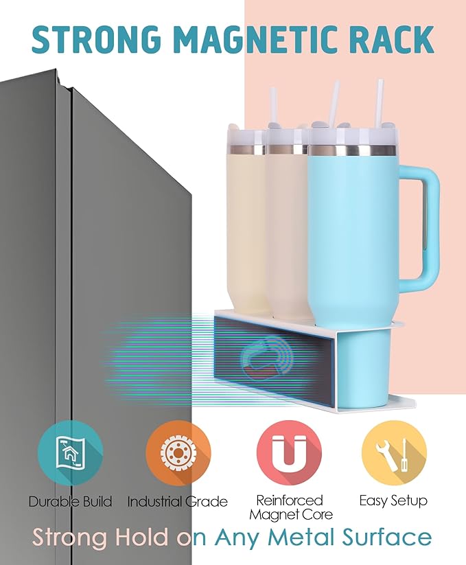 Magnetic Cup Holder for Stanley, Water Bottle Organizer for Kitchen Fridge Cabinet, Compatible with Stanley 30oz & 40oz Tumblers, Magnetic Cup Rack (White, 6 Tumblers& 2 Lid Holder)