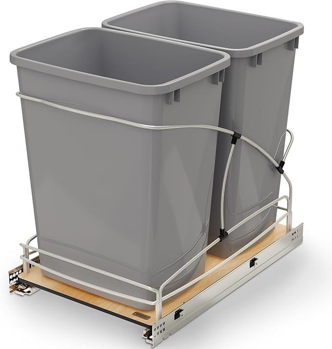 Rev-A-Shelf Steel Bottom Mount Double 35 Quart 8.75 Gallon Waste Bin Trash Container for Under Kitchen Cabinet with Soft Close, Gray, 54WC-1835SC-17-1