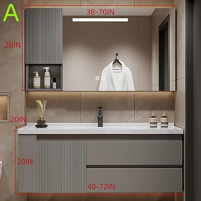 64IN Suspended Bathroom Cabinet Combo Set - Fully Functional LED Mirror with Smart Defogging & Time Display | Bathroom Vanity with Sink,Side Cabinet Storage Compartment (Style A)