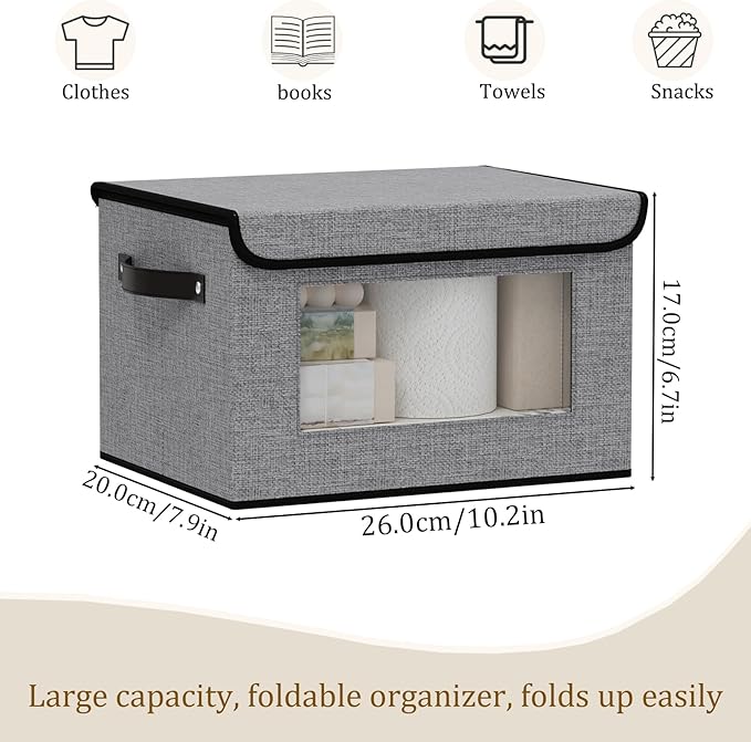 Foldable Storage Baskets with Lids, Fabric Closet Organizers with Handles, 10.2 x 7.8 x 6.7 Inch Storage Boxes for Shelves, Gray, 5-Pack
