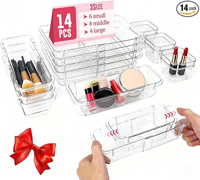 14Pcs Expandable Clear Drawer Organizers, Desk Drawer Organizer Set, Acrylic Organizer Bins for Kitchen, Bathroom, Office, Makeup, 3-Size acrylic organizers & Vanity Organizer Trays