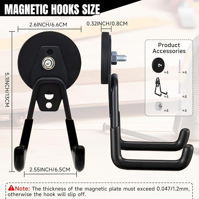 Magnetic Hooks Heavy Duty, 4 Pack Large Strong Magnet Hooks with Anti-Slip Coating, Storage Hooks for Hanging Garden Tools,Drills, Hoses. Ideal for Metal Cabinet,Tool Cart,Outdoor