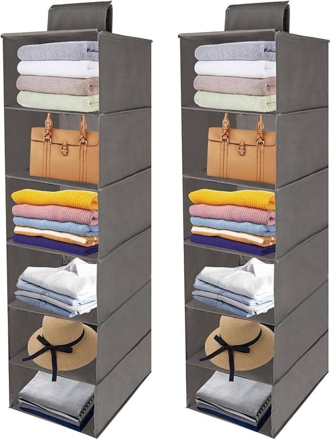 Hanging Shelves Hanging Closet Organizers and Storage 43-inch Non-Woven Fabric Hanging Closet Shelves for Wardrobe and Shoe Cabinet for Storing Clothes and Shoes.(2pcs 6-Tier Light Grey)
