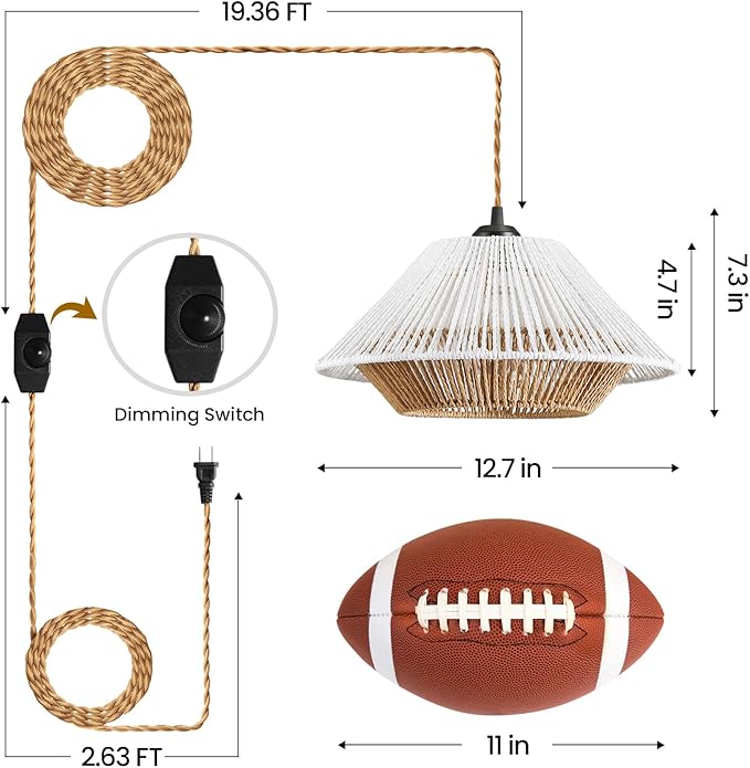 Boho Plug in Hanging Light - 12.7 Inch Rattan Plug in Pendant Light Dimmable Wicker Bamboo Woven Lampshade Hanging Lamp for Bedroom Living Room Farmhouse