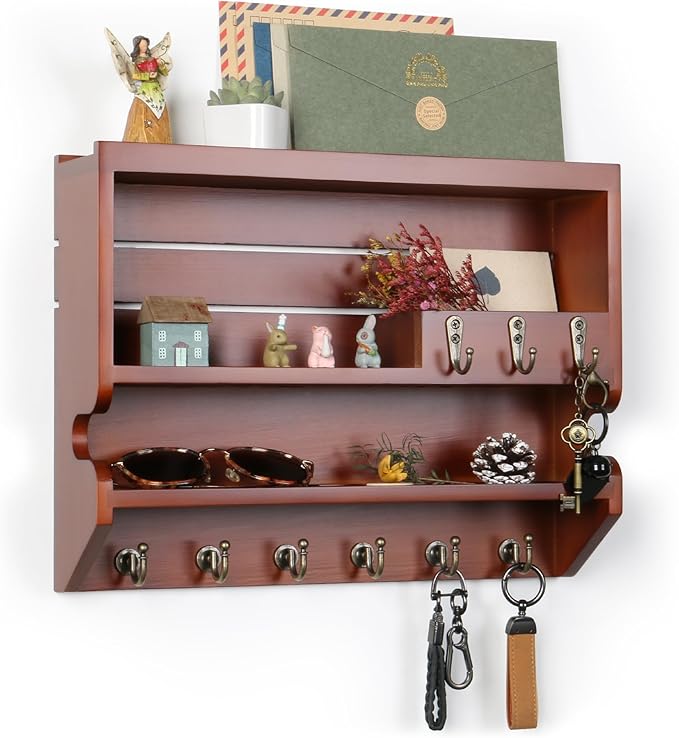 Handcrafted Solid Wood Key Holder for Wall - Artisan Hand-Sprayed Finish & Smooth Edges - Decorative Entryway Organizer, Rustic Wall Mount Key Holder for Home Decor, Sturdy, Auburn