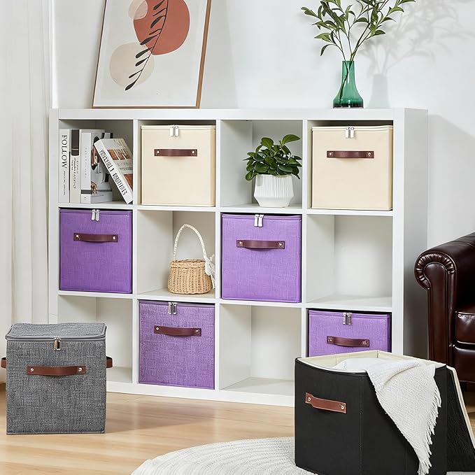 4PCS Storage Cubes with Lid Fabric Storage Bins Boxes PU Leather Handles Cotton Linen Closet Organizer Container Decorative Foldable Washable Shelf Cloth Basket (Zipper Lid, Beige, 11in)