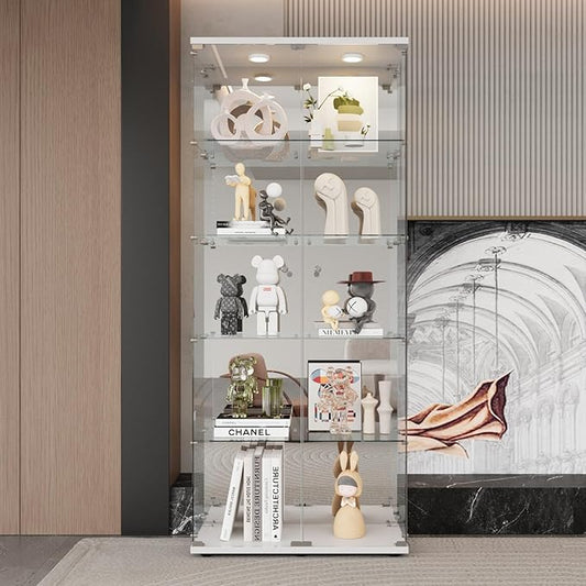 LFT HUIMEI2Y Glass Display Cabinet 5-Shelf with LED Light, Mirror and Lock, 2 Door Curio Cabinets, Tempered Glass Collection Display Showcase for Bedroom, Living Room White