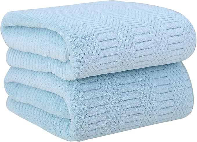Microfiber Bath Towels, Large Bathroom Towel 2 Pack (30" x 60"), Oversized, Soft, Super Absorbent and Fast Drying, Multipurpose Use for Sport, Fitness, Yoga, Diamond Cross Grid Light Blue