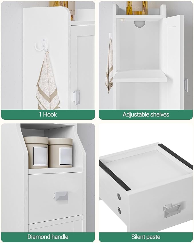 Bathroom Storage Cabinet, Narrow Tall Bathroom Cabinet, Freestanding Floor Cabinets with 2 Doors and 1 Drawer, Toilets Organizer with Adjustable Shelf, 1 Hook for Small Spaces, White