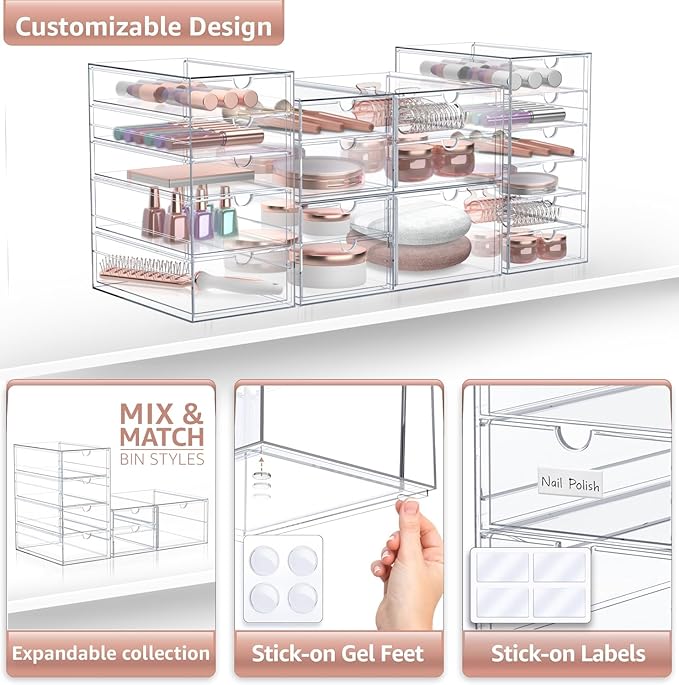 Sorbus Makeup Organizer With 18 Drawers, Acrylic Drawer Organizer for Makeup, Office Organization and Storage, Art Supplies, Jewelry, Stationary - 4 Pcs Clear Stackable Storage Bins Organizer Drawers