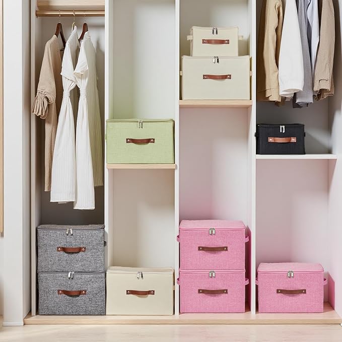 Storage Bins with Zipper Lid Cotton Linen Fabric Lidded Storage Baskets Boxes Foldable Washable Closet Shelf Clothes Organizer Container with PU Leather Handles (Pink, Large)